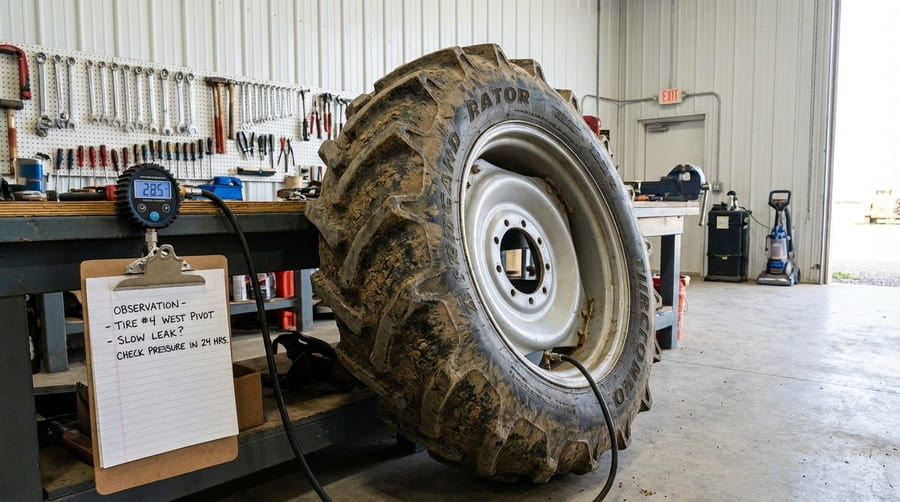 An irrigation tire set aside in a workshop for observation, with a pressure gauge nearby.