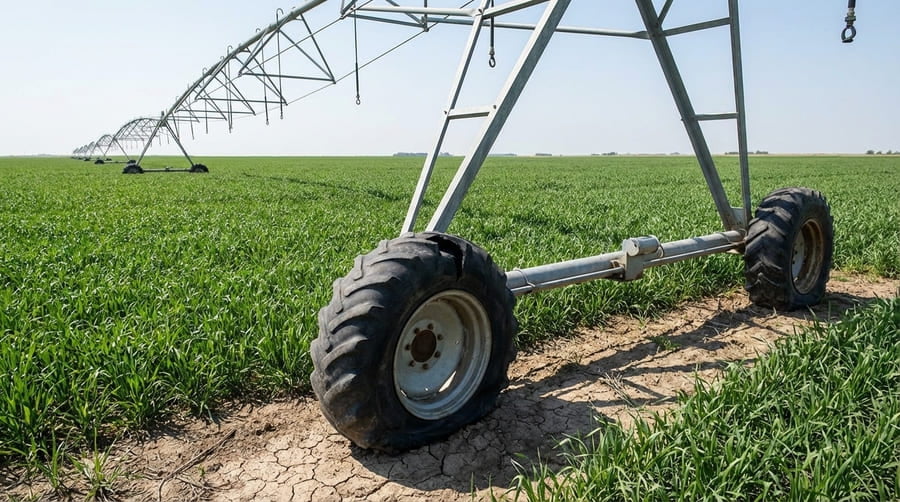 A pivot irrigation system broken down in a field due to a sudden tire failure.