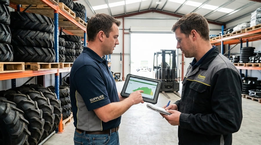 A supplier and a dealer looking at a tablet together in a warehouse, collaboratively planning.