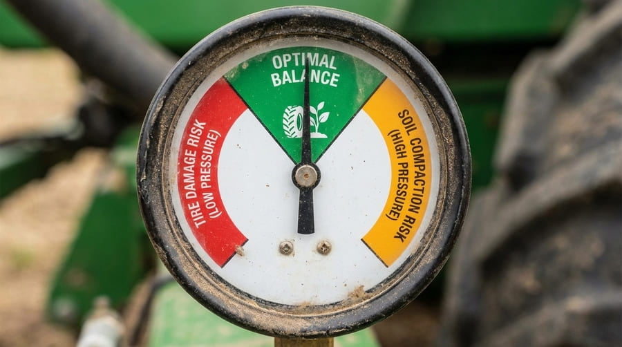 A graph or gauge showing a "green zone" for tire pressure, labeled "Optimal Balance," between a "red zone" for "Tire Damage Risk" and another for "Soil Compaction Risk."