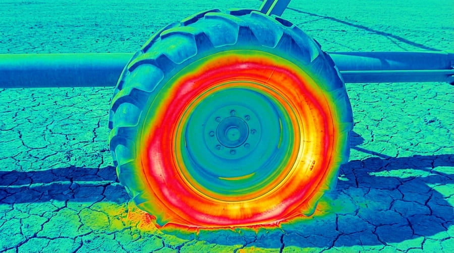 A thermal image of a tire showing heat concentrated in the sidewall area due to excessive flexing.
