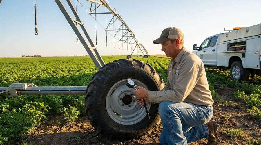 A farmer or technician performing a routine pressure check on an irrigation tire with a handheld gauge, looking proactive.