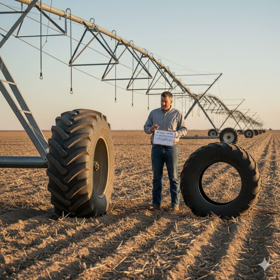 A technician looking confused while checking a tire with a single pressure chart.