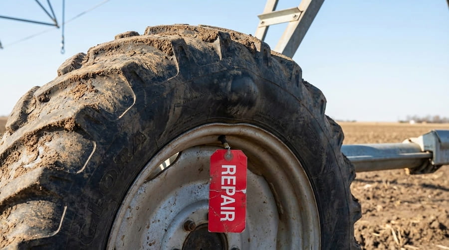 A tire on an irrigation pivot with a bright red "REPAIR" tag tied to its valve stem, clearly identifying it as a problem.