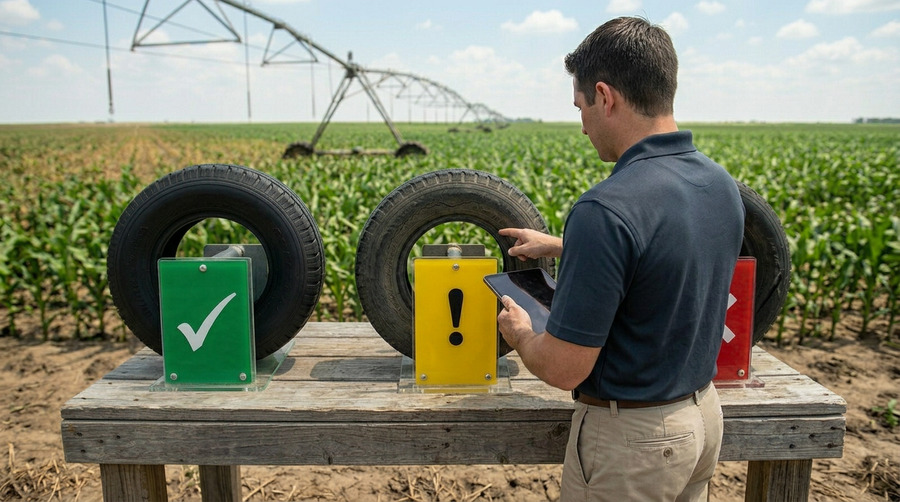 An infographic showing three irrigation tires: one with a green checkmark (Monitor), one with a yellow exclamation point (Schedule), and one with a red 'X' (Replace).