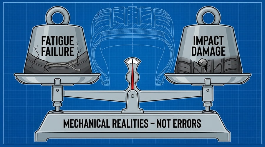 A diagram of a balancing scale, with "Fatigue Failure" on one side and "Impact Damage" on the other.