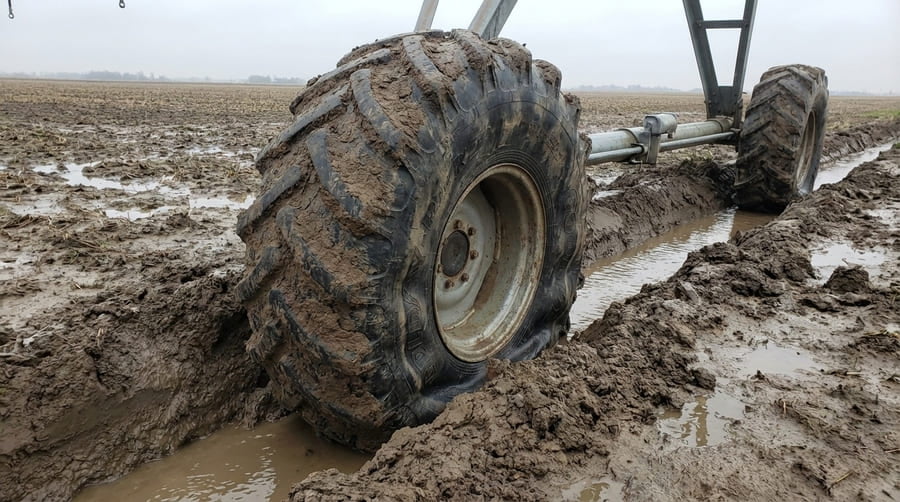 An irrigation tire struggling to climb out of a deep rut in a muddy field.