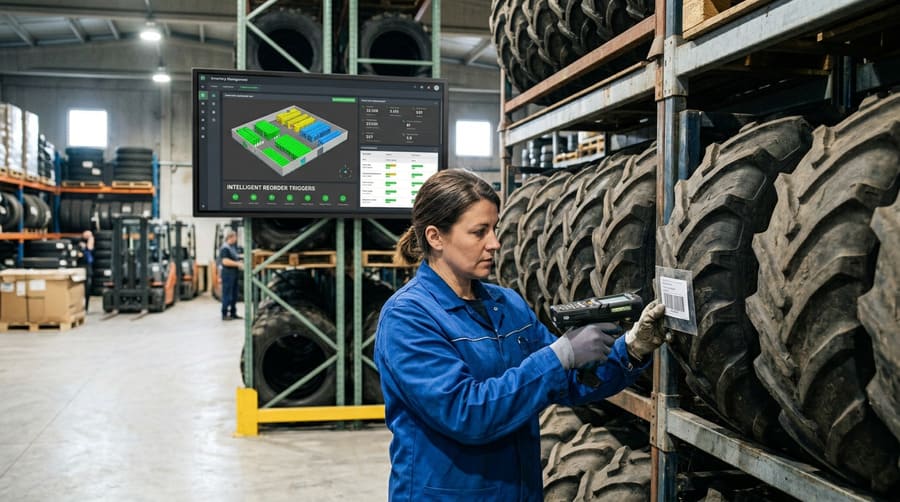 A warehouse worker scanning a tire's barcode with a handheld device, with inventory data appearing on a screen in the background.