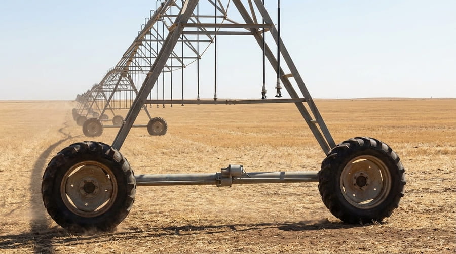 The outer tower of a center pivot turning, showing the tire at an angle.