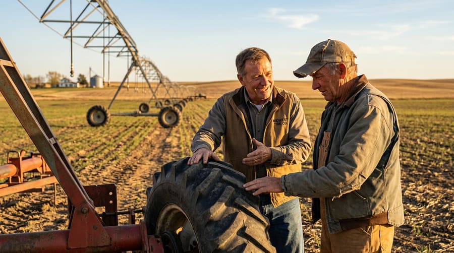 A dealer confidently showing an irrigation tire to a farmer in a field.