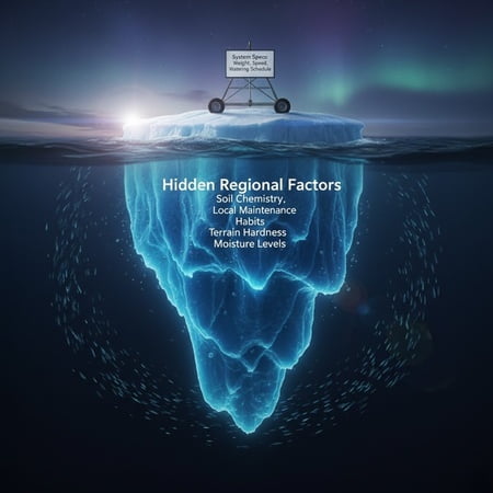 An iceberg, with the small visible part labeled "System Specs" and the huge underwater part labeled "Regional Factors."