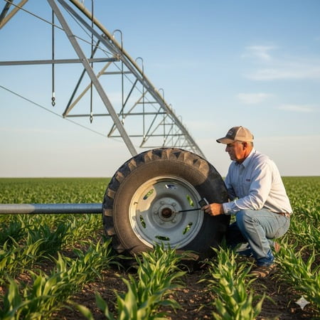 A farmer performing a routine tire pressure check on a perfectly functioning irrigation pivot.