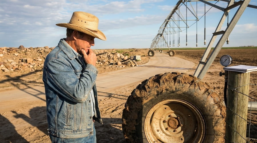 A farmer standing in a field, looking thoughtfully at an irrigation tire, considering the terrain and operational risks.