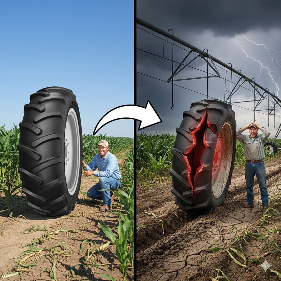 A split-screen image: one side shows a tire with perfect tread, the other side shows the same tire blown out in a field.