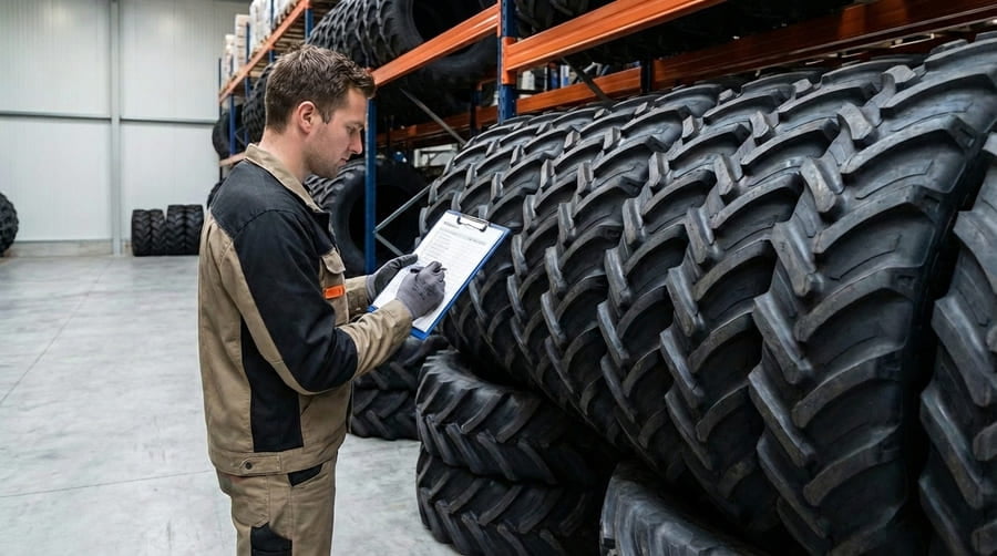 A technician using a simple checklist on a clipboard in a tire storage area.
