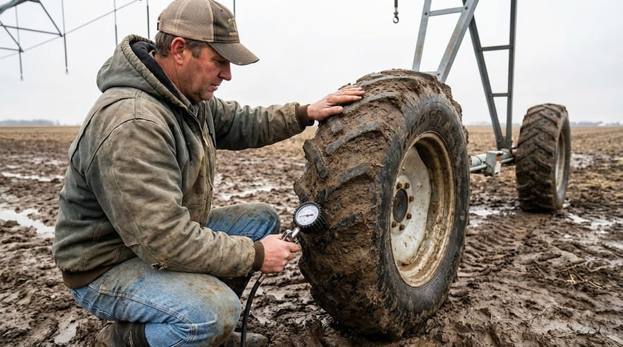 A farm manager carefully checking tire pressure with a gauge and visually inspecting the sidewall.