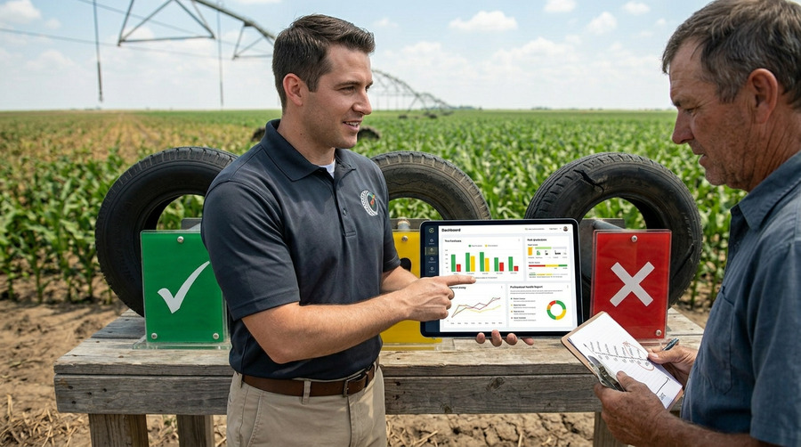 A tire dealer presenting a clear, professional-looking tire health report on a tablet to a farm manager.