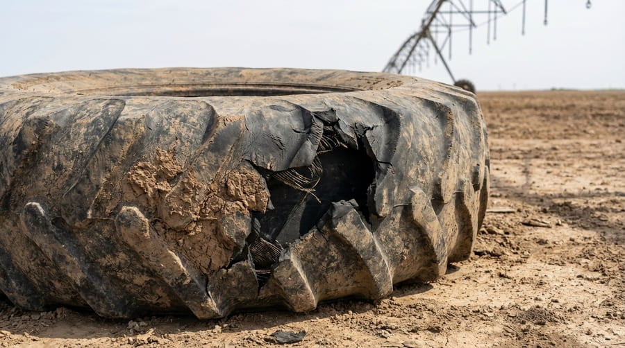 A close-up of a failed irrigation tire, showing a clear sidewall blowout.