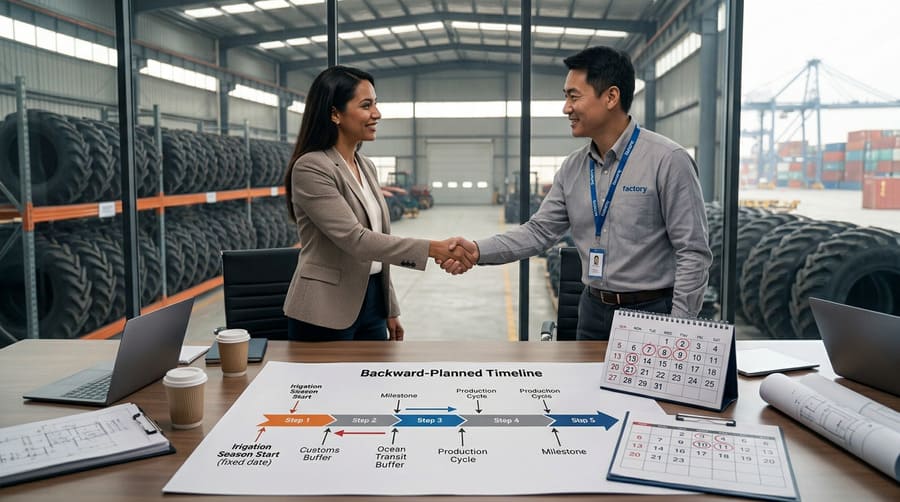 A procurement manager and a factory representative shaking hands over a table with a clear, detailed backward-planned timeline on it.