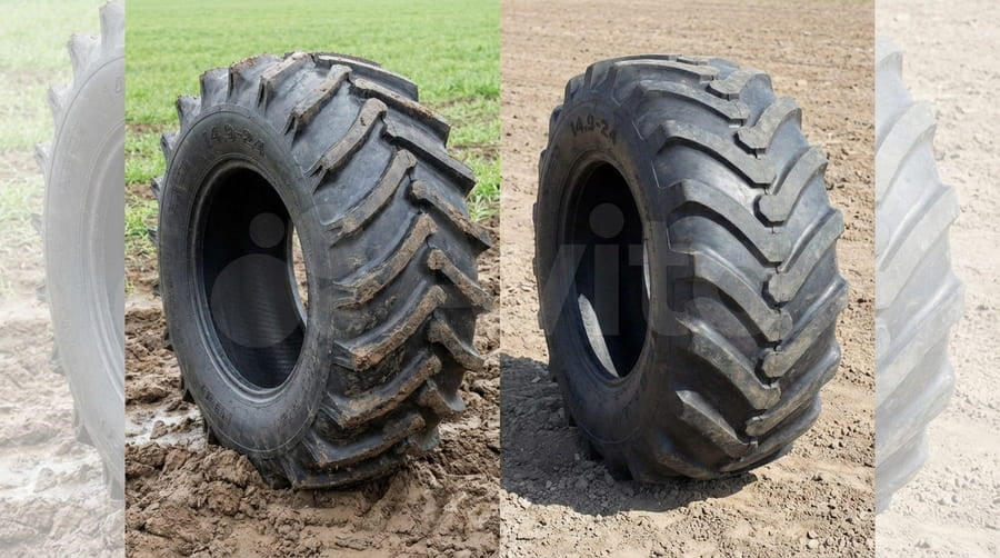 Two different 14.9-24 tires, one designed for flotation in mud and the other for hard ground.