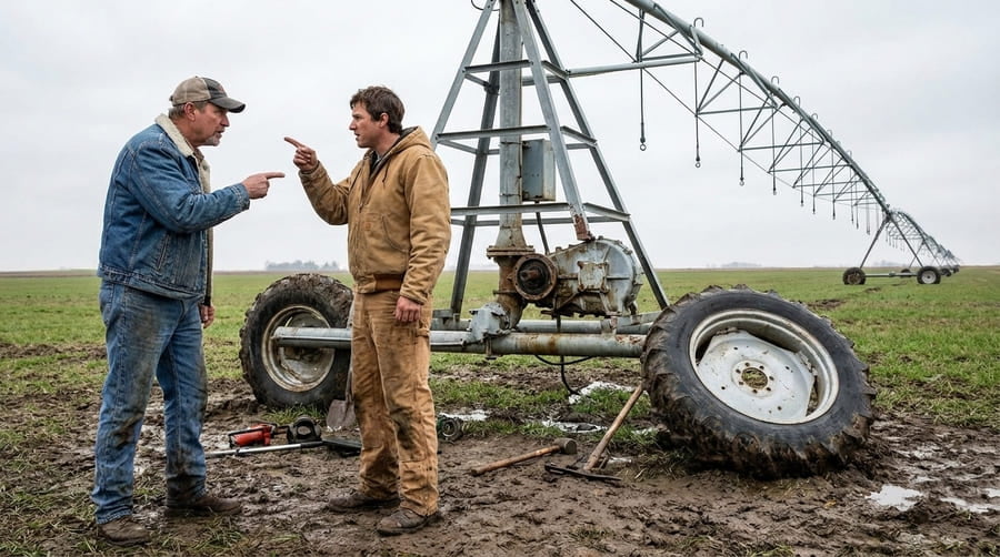 Two people pointing fingers at each other in front of a broken piece of farm equipment.