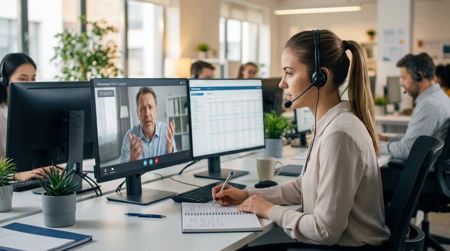 A supplier's customer service agent on a video call, actively listening and taking notes to solve a problem.