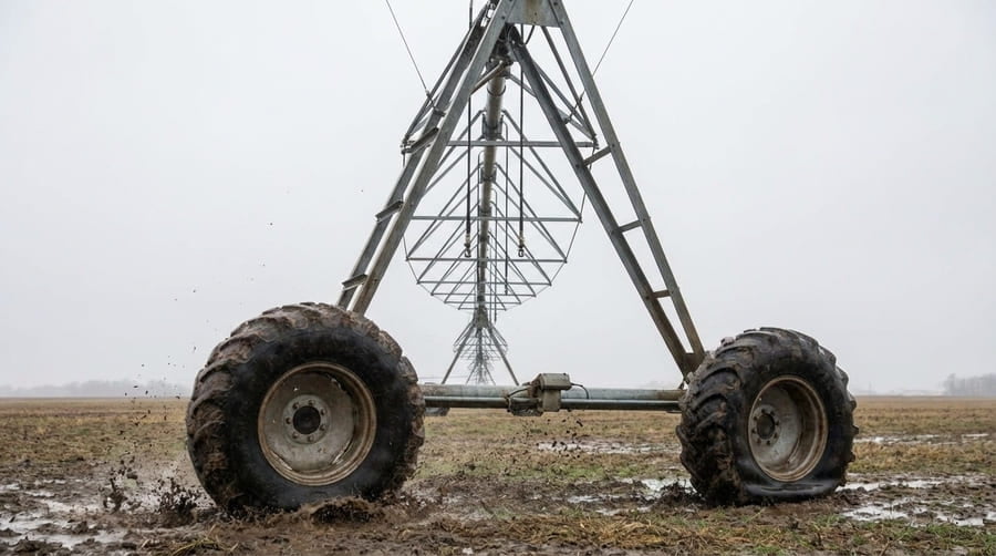 A pivot tower swaying on wide tires with soft, flexing sidewalls.