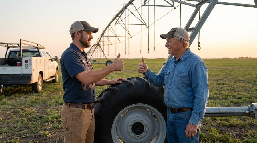 A technician giving a clear thumbs-up to a farmer after inspecting a tire.
