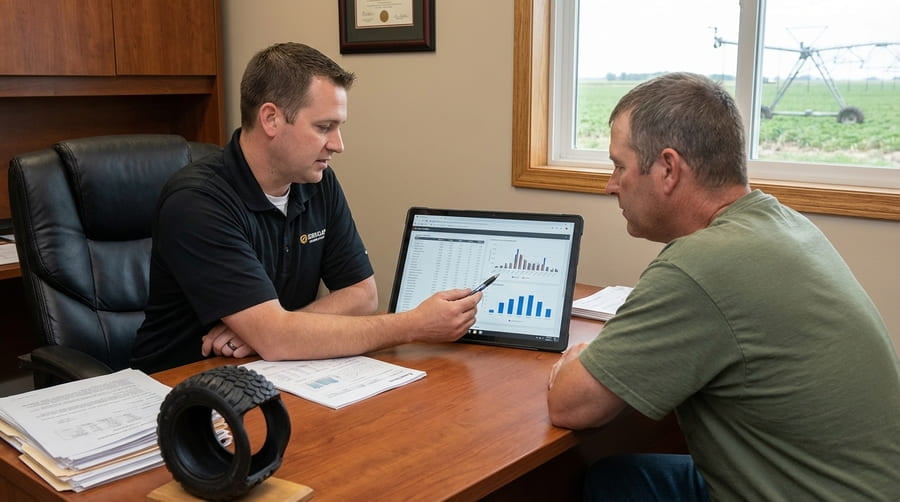 A dealer and a customer calmly reviewing a data report on a tablet.