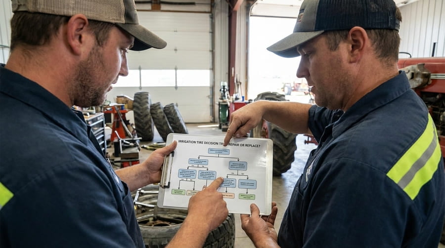 Two technicians looking at a clear decision-tree chart on a clipboard.