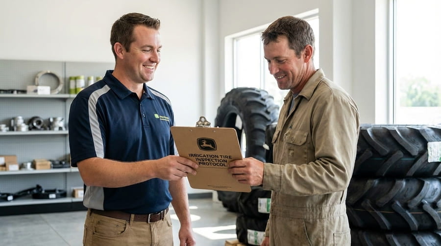 A professional-looking, branded checklist for irrigation tire pressure being handed from a dealer to a customer.