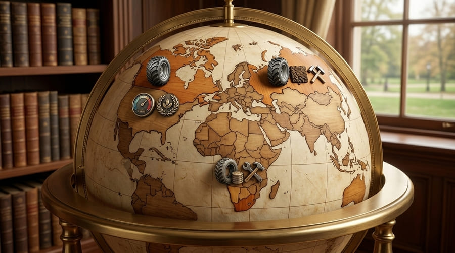 A world map highlighting Canada, South Africa, and Russia, with icons representing different tire priorities.