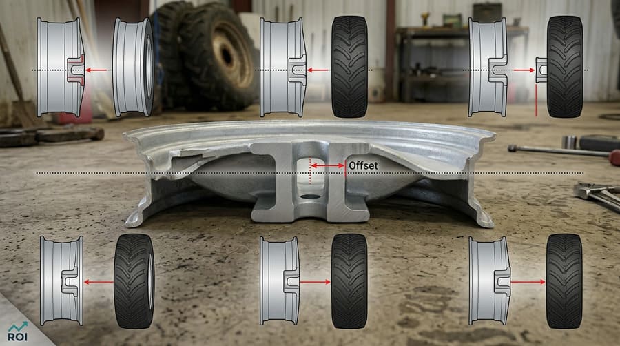 An illustration showing the measurement of positive, negative, and zero rim offset.