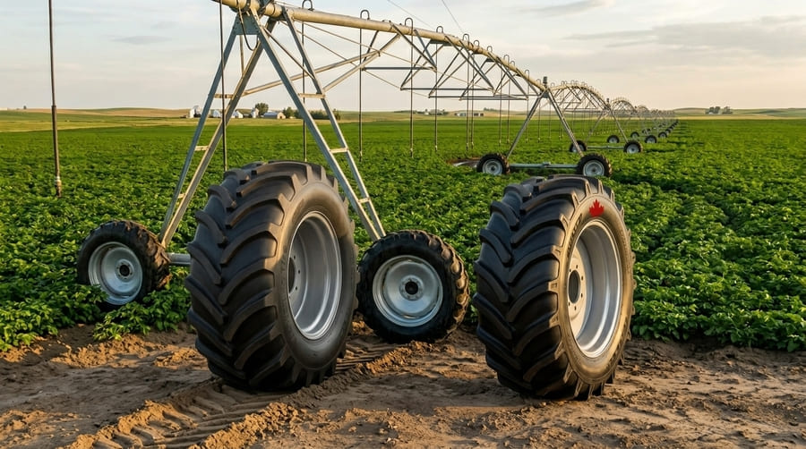 A side-by-side comparison of a bias-ply tire and a modern radial irrigation tire.