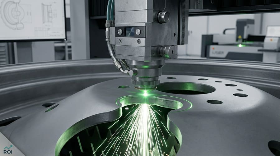A high-precision laser cutter meticulously cutting bolt holes in a steel rim disc.