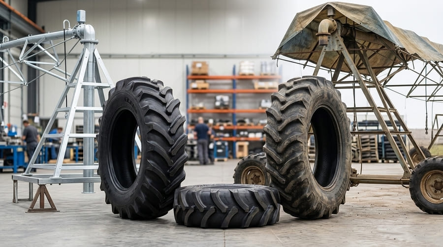 A split image showing a new irrigation system on a factory line and a worn tire being replaced in a field.