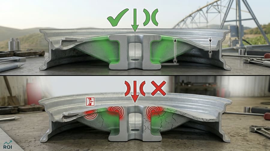 A cross-section of an irrigation rim highlighting the varying thickness of the flange and disc.