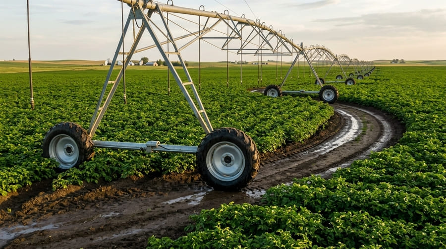A modern center pivot irrigation system with specialized narrow tires moving through a lush green field.