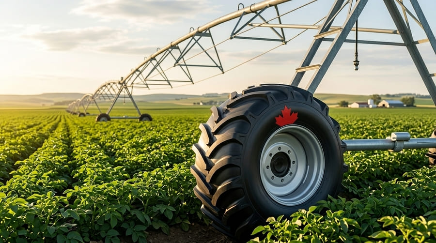 A high-tech radial irrigation tire with a maple leaf icon, suggesting quality for the Canadian market.