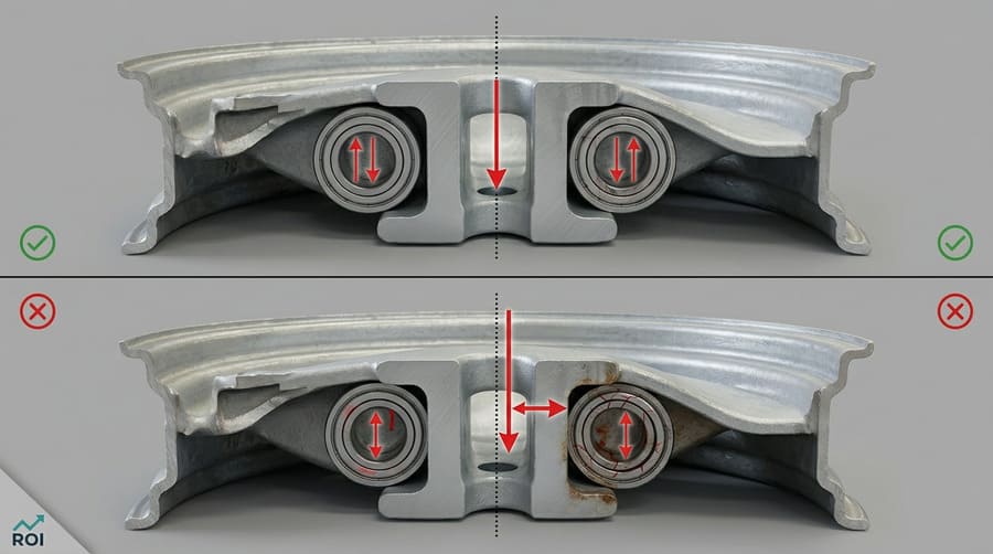 A diagram comparing a correctly centered load on a bearing versus an off-center load causing stress.