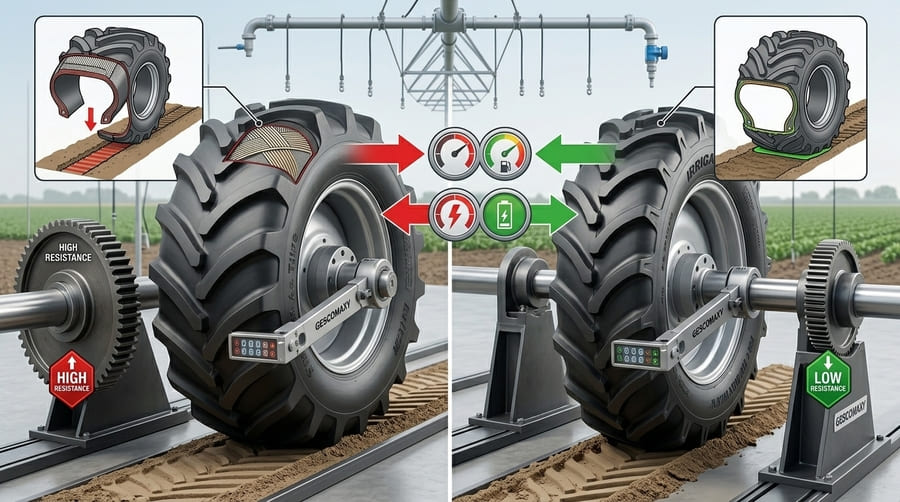 An infographic comparing the rolling resistance of a stiff bias tire versus a flexible radial tire.