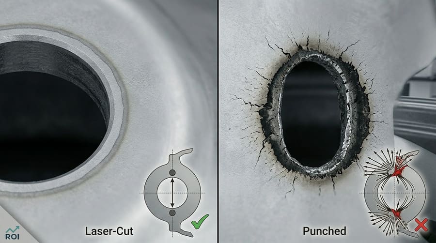 A microscopic comparison showing a clean laser-cut edge versus a stressed, fractured punched edge.