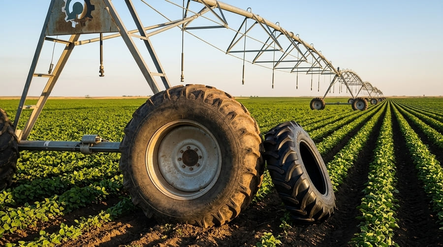 A warehouse filled with stacks of replacement irrigation tires ready for shipping.