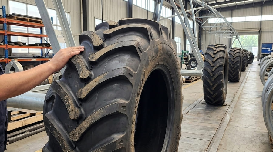 A close-up of a specialized irrigation tire tread pattern.