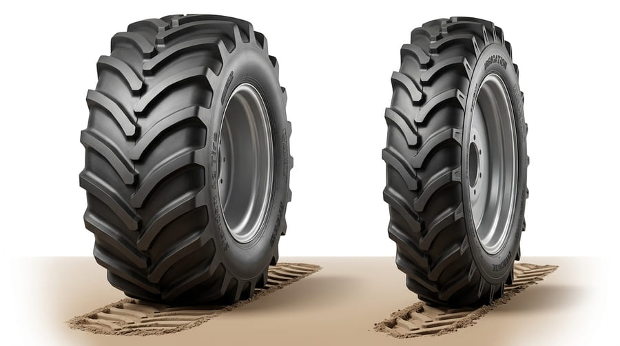 A side-by-side comparison of a wide tractor tire and a narrow, high-load irrigation tire.