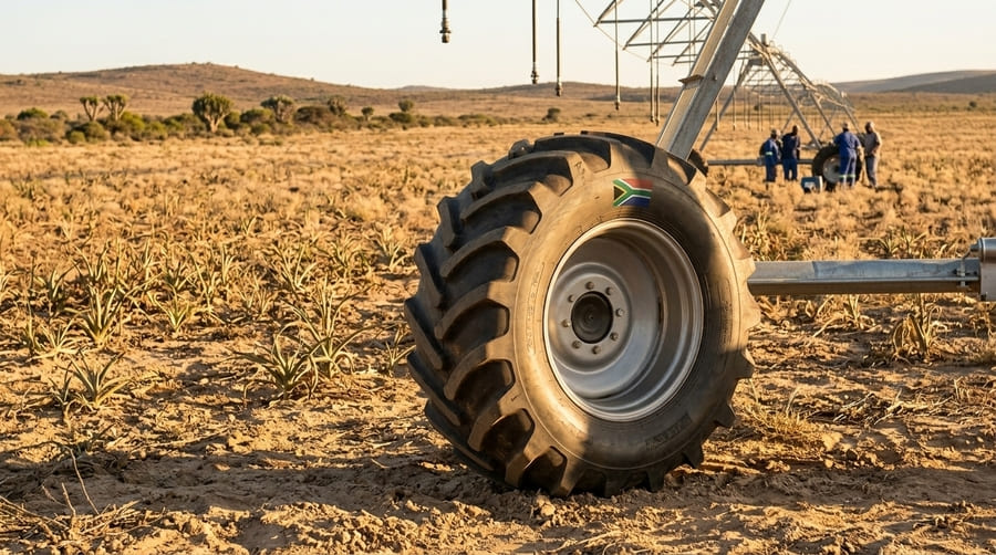 A sturdy bias-ply irrigation tire shown in a dry, sun-baked field, representing durability and value.
