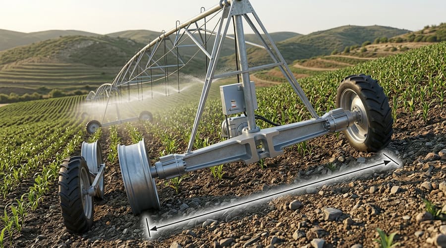 A center pivot irrigation machine operating safely on a steep slope thanks to a wide track width.