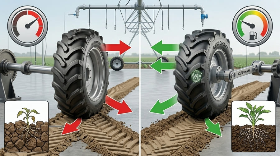 A diagram showing a VF tire with a large footprint at low pressure versus a standard tire.