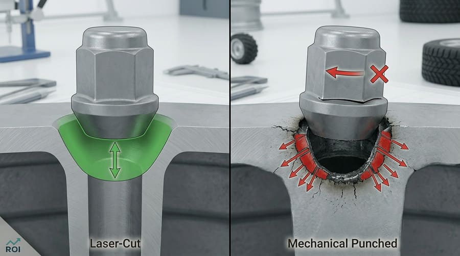 A cross-section diagram illustrating how a tapered lug nut sits perfectly within a countersunk bolt hole.
