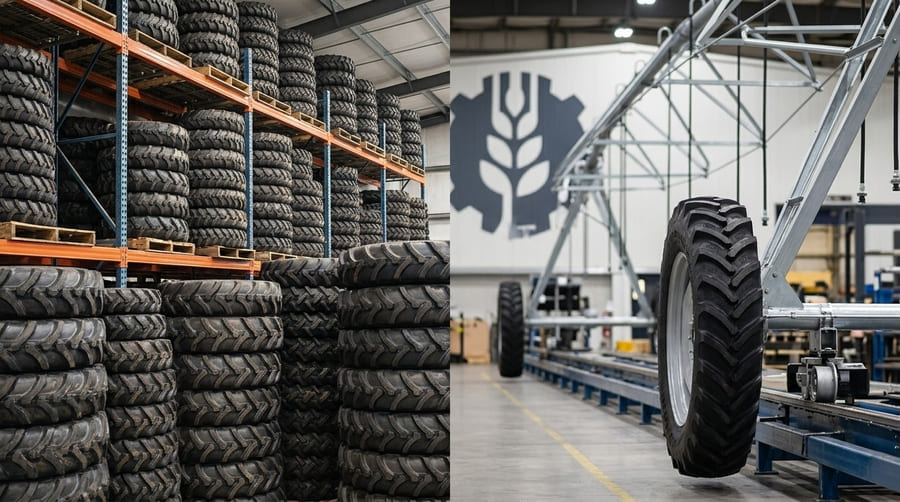 A handshake in front of a factory with a major equipment manufacturer's logo visible.